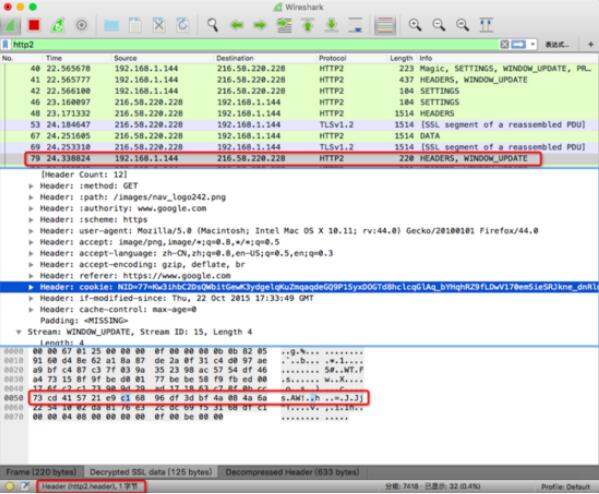 总共占用了437 bytes，我们选中头部的cookie，可以看到cookie总共占用了118 bytes。接下来我们看看第二个请求的头部：