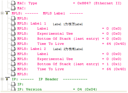 一个MPLS报文可以有多个Label，靠近二层头的Label为栈顶Label，靠近IP报文的Label为栈底Label，LSR执行Label交换时总是基于栈顶Label。有多个Label时，每个Label都包括以上完整的32bit，并不是其它的Label只包括20bit的Label值，如下图所示