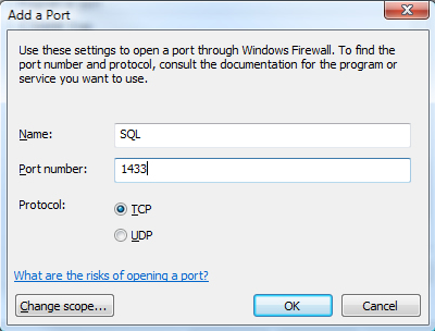 点击Addport...在弹出的对话框中填入：  　　Name:SQL  　　PortNumber:1433  　　Protocol:SelectTCP